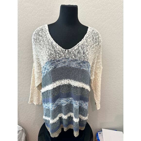 LAUREN VIDAL | Oversized Striped Lightweight Knit Sweater Cream & Blue | Large - Picture 2 of 8